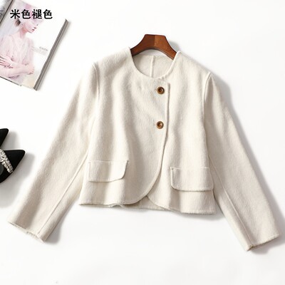 413428 冬短款单排扣长袖双面呢大衣