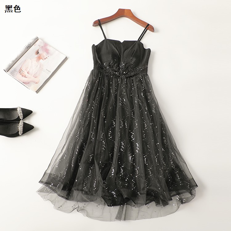 411210 夏连衣裙 深圳女钉珠亮片加长款V领