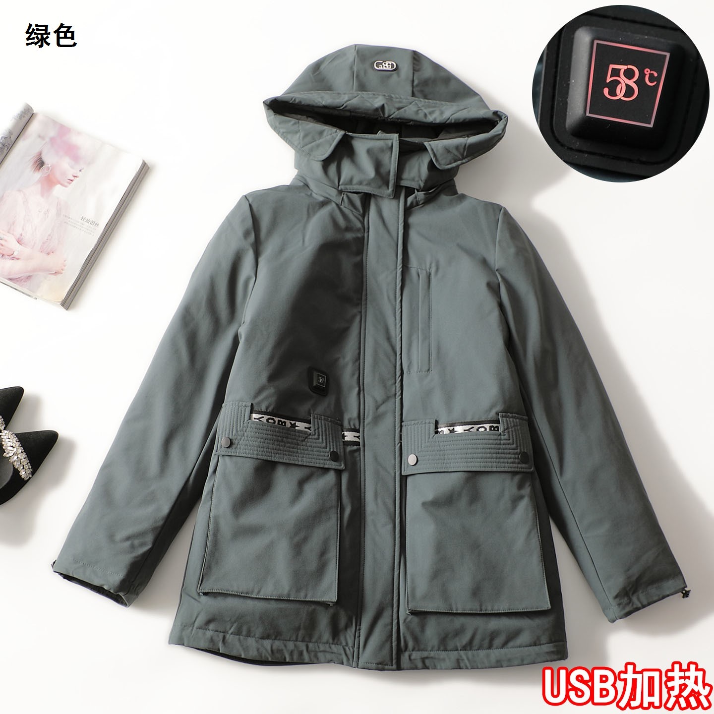 247698 冬羽绒服女中长款长袖拉链USB加热冲峰衣防风保暖发热充电