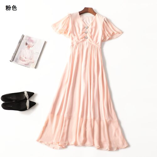 411784 夏连衣裙 女加长款短袖V领.M.L.XL.2XL