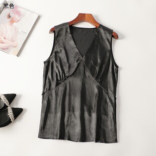 背心 V领无袖 245876超值精品女装 洋气光面仿醋酸夏中长款