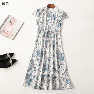 印花连衣裙 立领短袖 411175南油高档轻奢女装 欧美大气质夏加长款