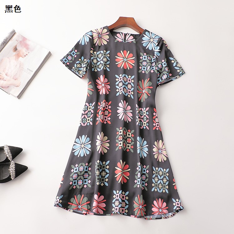 407966金标高货南油高端女装轻奢气质法式夏季圆领短袖印花连衣裙