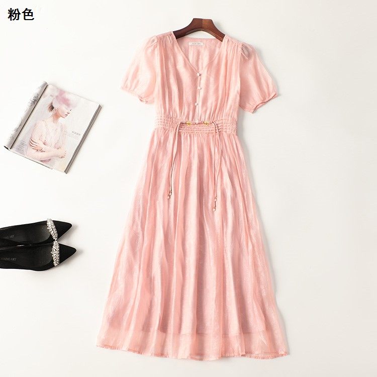 410830高货南油金晖原创设计师品牌高定天丝夏长款国风短袖连衣裙