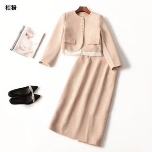 245096 冬外套半身裙套装 女粗纺毛呢羽绒长款长袖圆领.L.XL