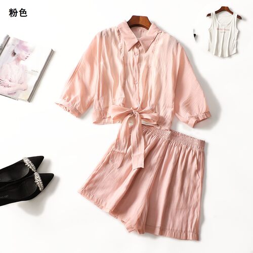 248850 夏衬衣裤子套装 女五分七分袖单排扣.M.L.XL
