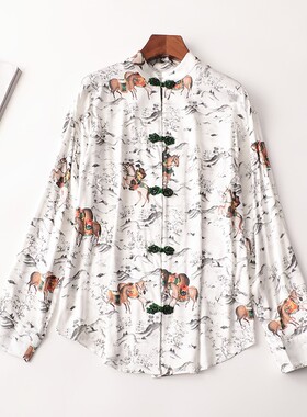 244857 秋衬衫 深圳女印花中长款长袖立领清仓