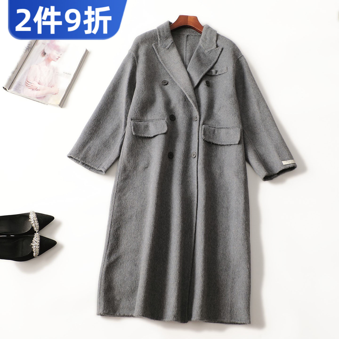 412697 冬双面呢大衣 女加长款九分袖单排扣清仓