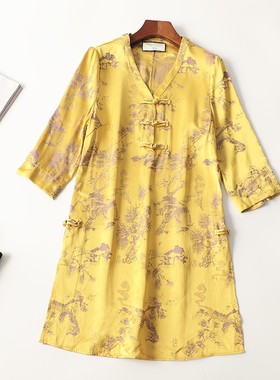 411102 夏长款V领七分袖连衣裙少盘扣
