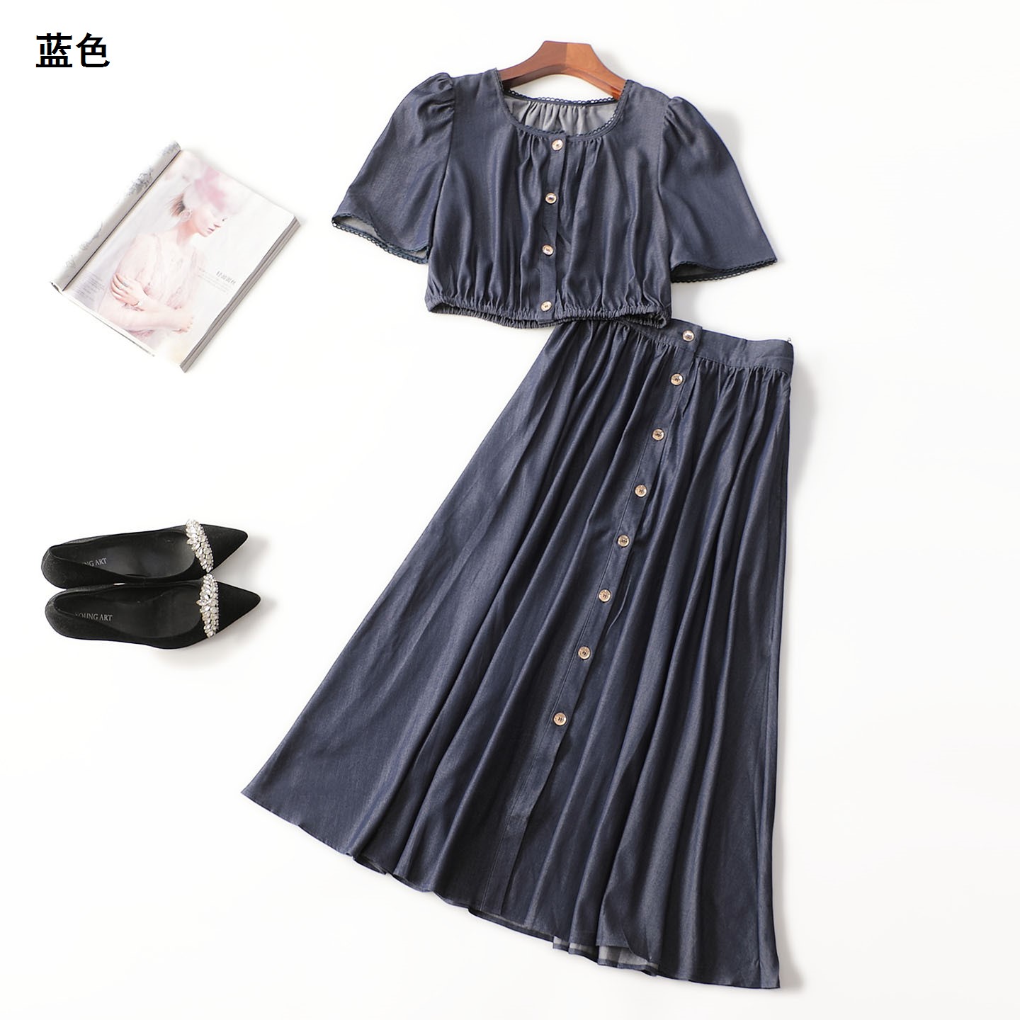 411663 夏衬衣半身裙套装 女长款五分袖圆领