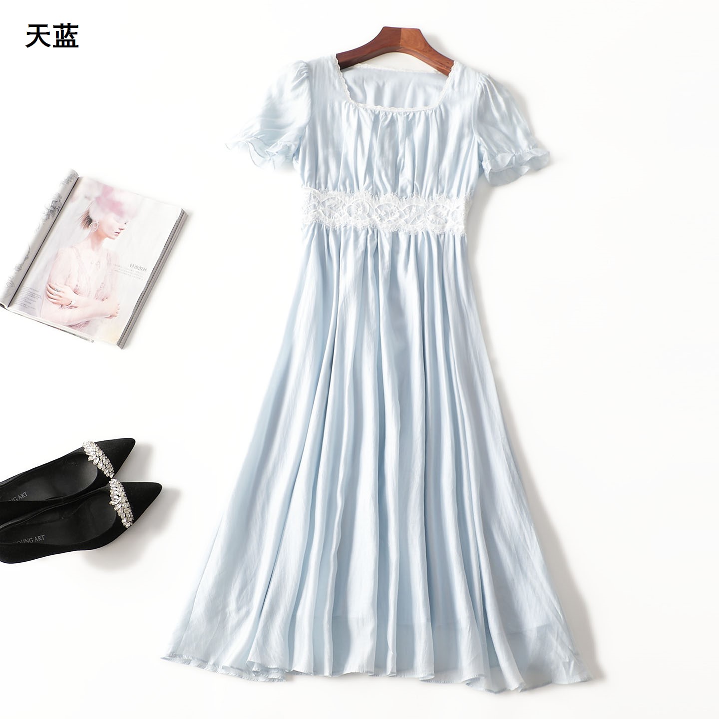 411743 夏天丝连衣裙 女加长款短袖圆领