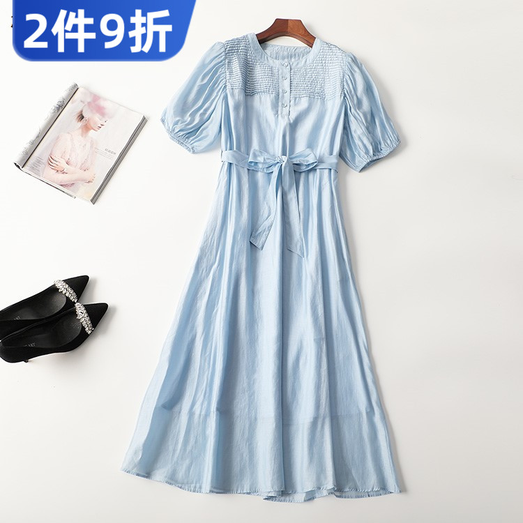 411096 夏天丝连衣裙 深圳女加长款五分袖圆领断码清仓