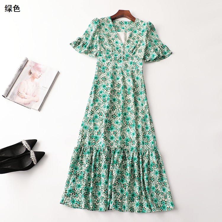 242068 夏连衣裙 女印花加长款五分袖V领断码清仓