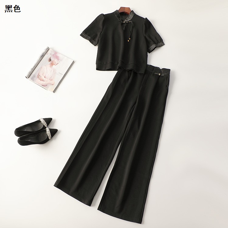 245621 夏上衣裤子套装 女长款短袖立领