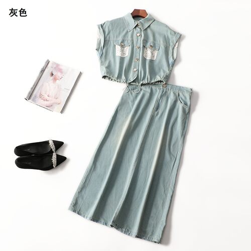 246173 夏衬衣半身裙套装 女长款无袖套头.M.L.XL