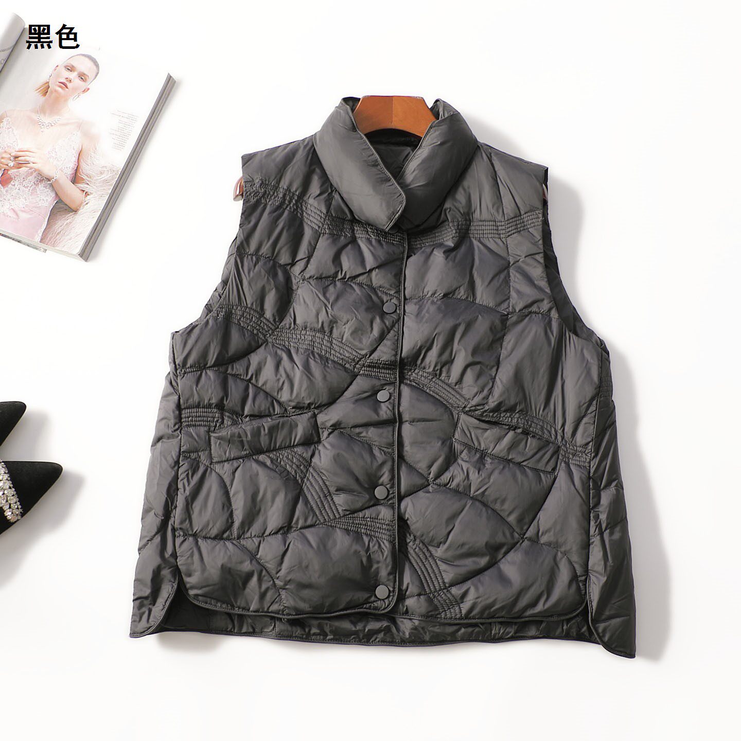 508237 冬中长款暗扣无袖羽绒服