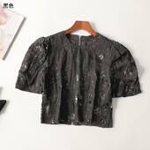 245302 圆领现货 五分袖 秋上衣 女亮片绣花短款