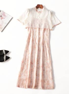 411635 夏上衣长裙套装 女长款短袖立领