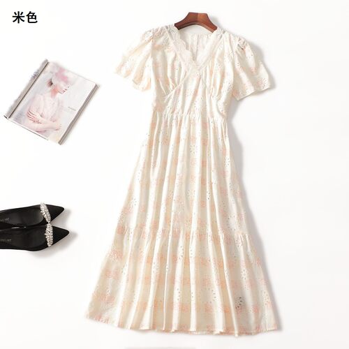 411630 夏连衣裙 女加长款短袖V领.S.M.L