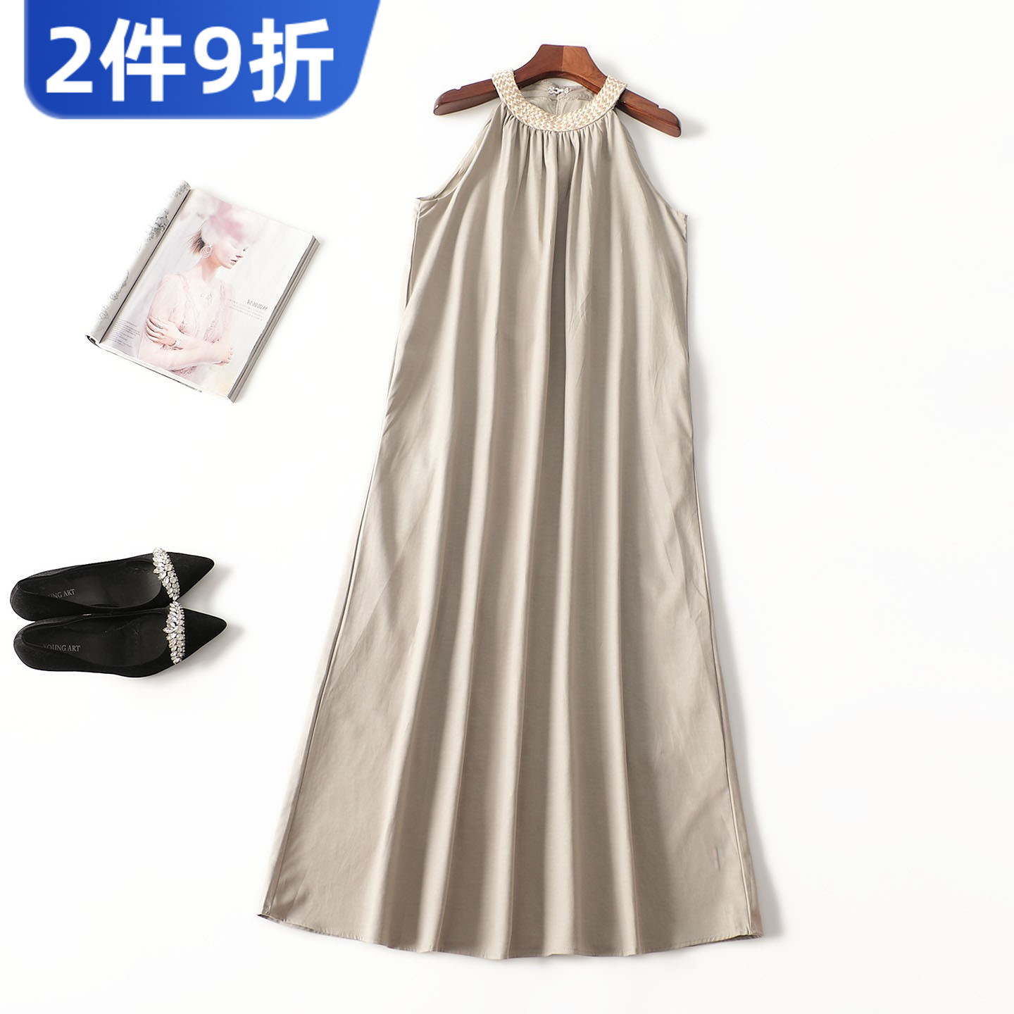 411532 夏天丝麻连衣裙 女加长款圆领