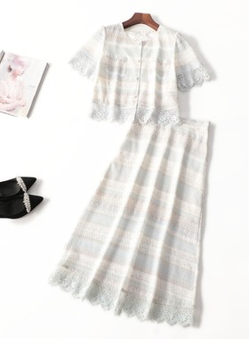 411860新款超值品质精品25夏气质减龄长款圆领短袖上衣半身裙套装