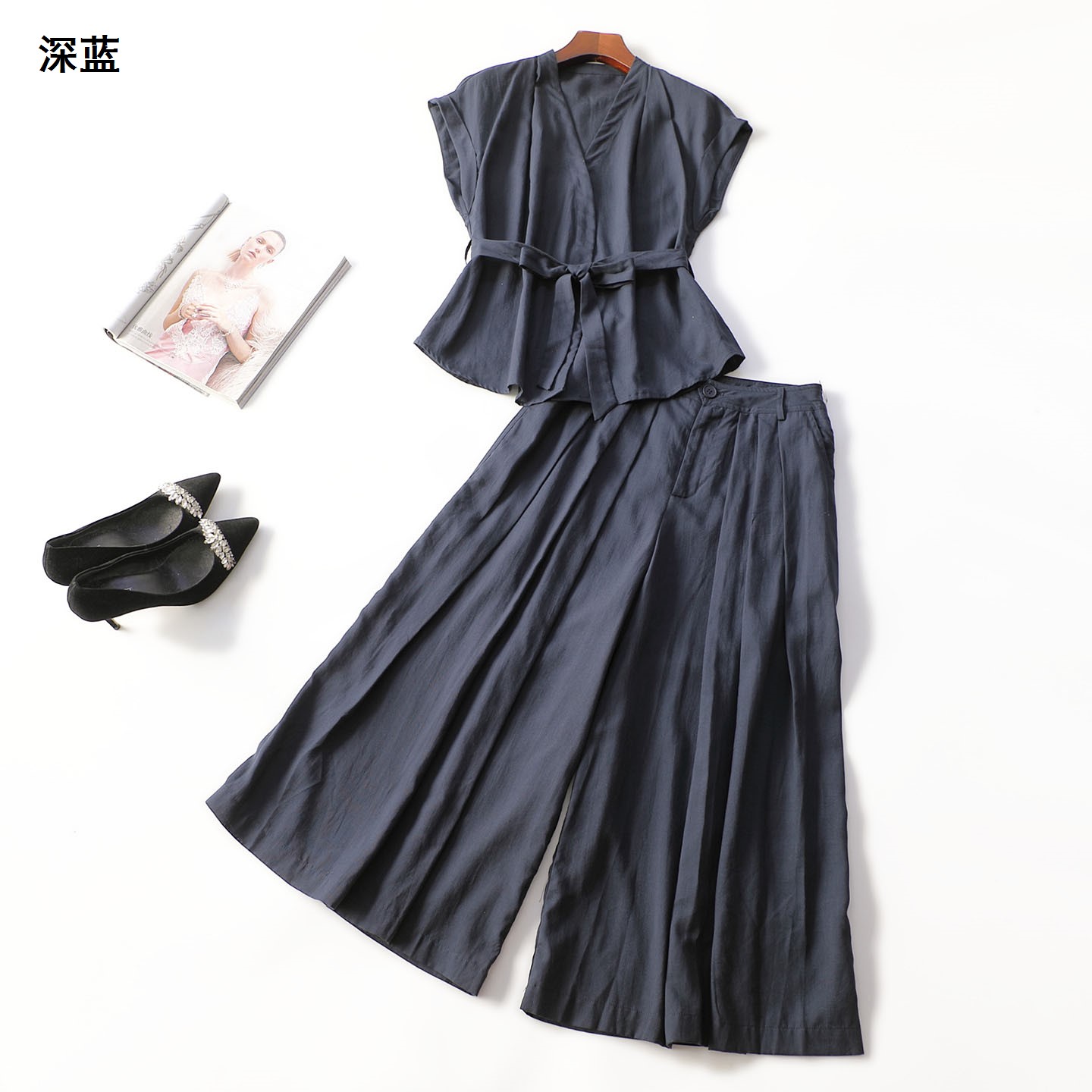 414213 夏马夹裤子套装 女九分无袖暗扣.M.L.XL