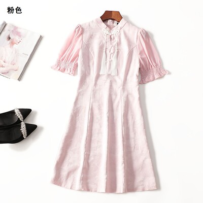 411744 夏连衣裙 女长款五分袖立领现货