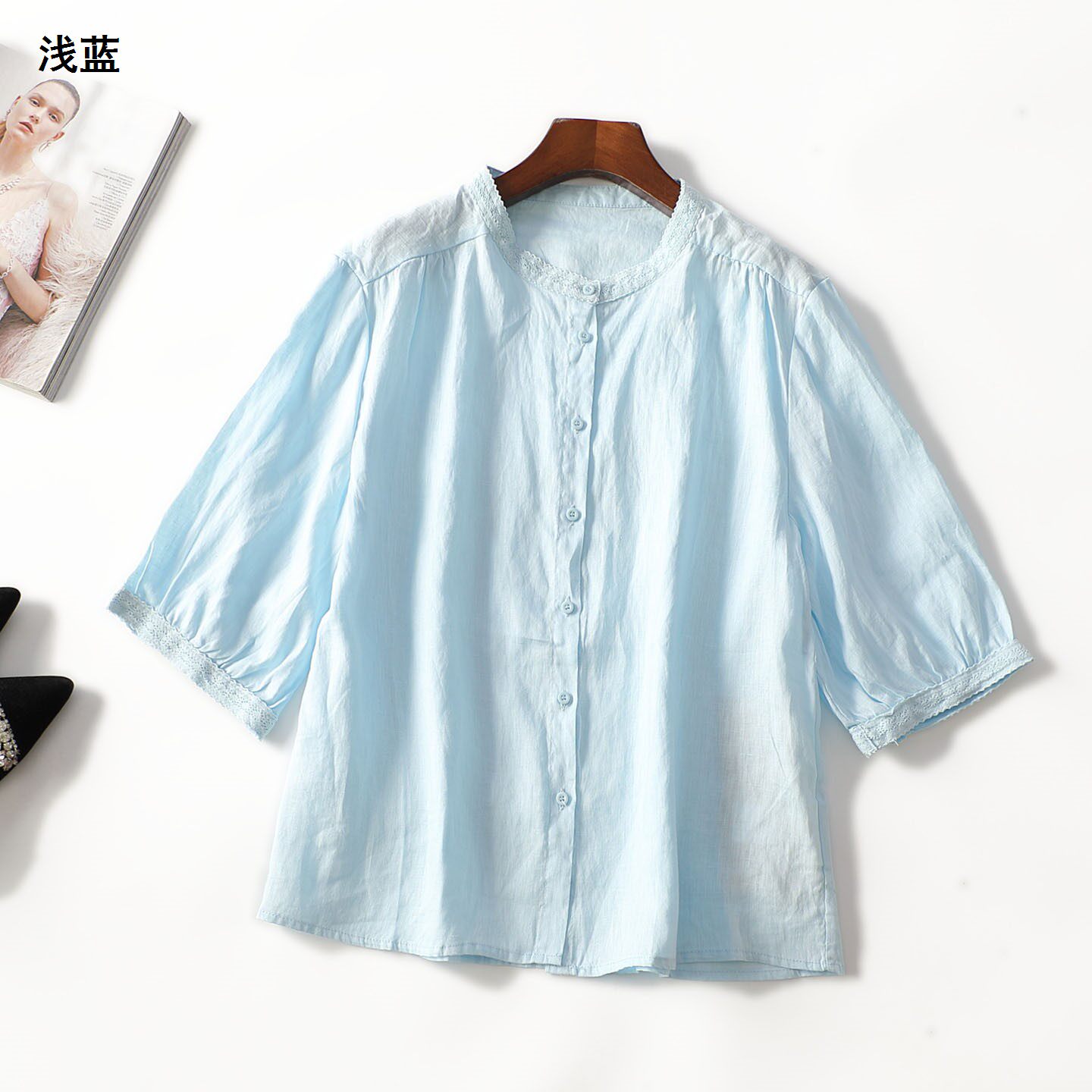 413977 夏衬衫 女中长款五分袖单排扣.L.XL