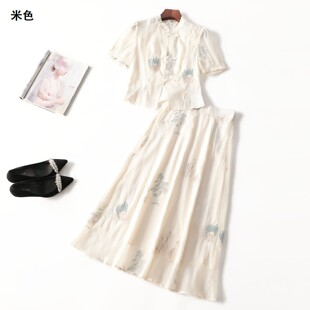 短袖 女长款 立领 夏衬衣半身裙套装 411878