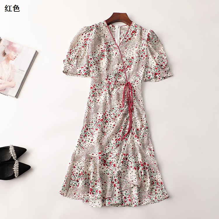 夏连衣裙女印花长款五分袖V领