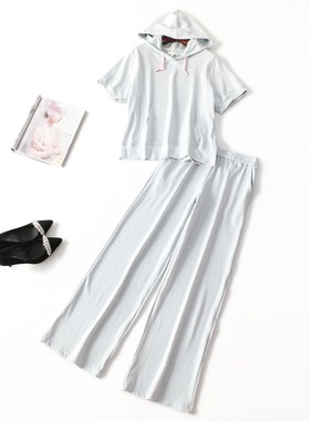 411620 夏长款连帽短袖T恤裤子套装