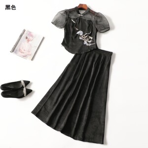 246095 夏上衣半身裙套装 女长款短袖立领