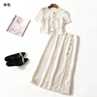 248307超值精品女装蕾丝女人味夏中长款单排扣短袖衬衣半身裙套装