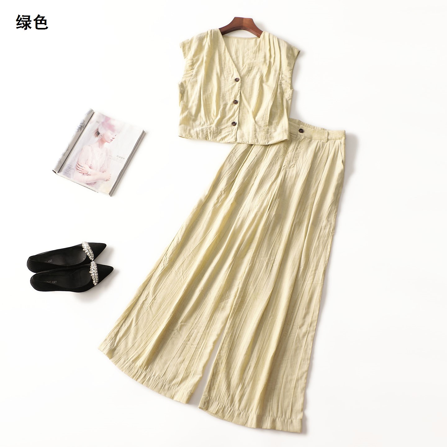 246691 夏衬衣裤子套装 女长款无袖单排扣清仓