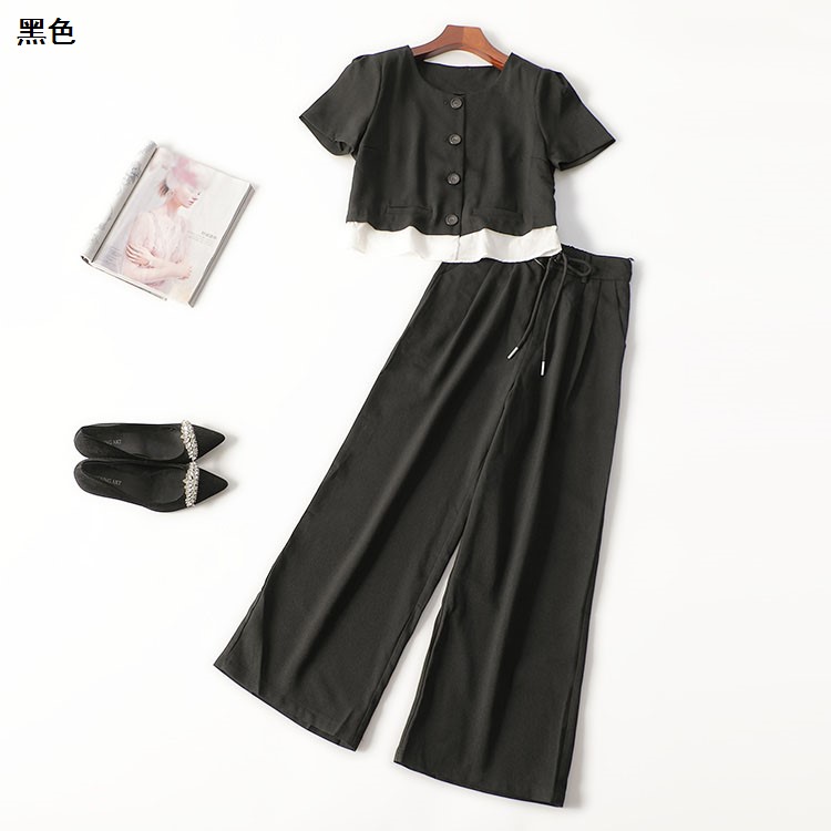 246006 夏上衣裤子套装 女长款短袖圆领