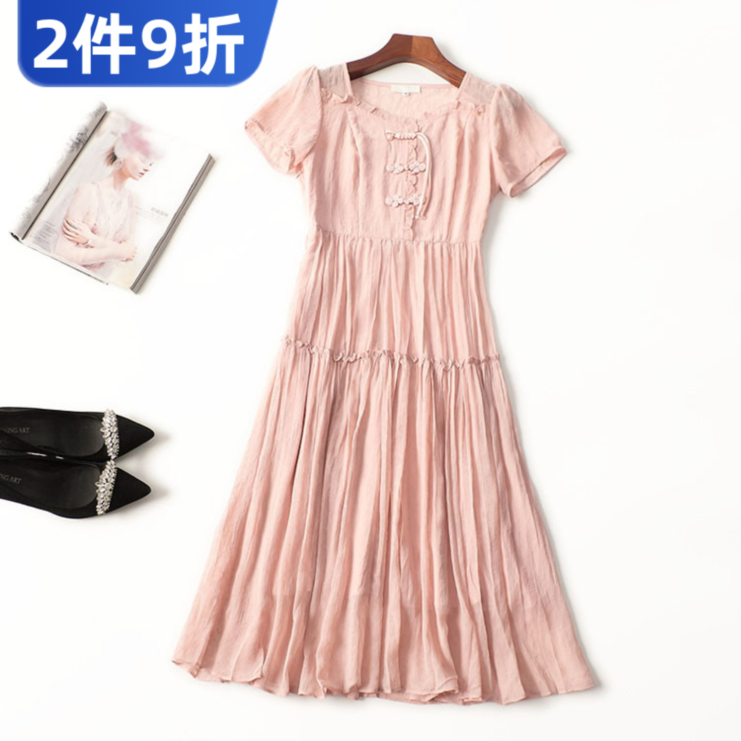 245381 夏连衣裙 女加长款短袖V领