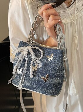 2026春季新款PU2025年春季均码托特包拉链单肩包牛仔蓝纯色日常