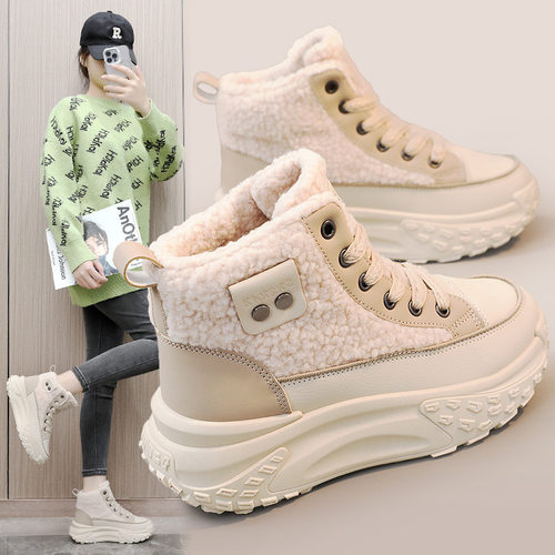 k6701新款2023冬高帮女鞋加绒棉鞋保暖羊羔绒厚底韩版ins学生