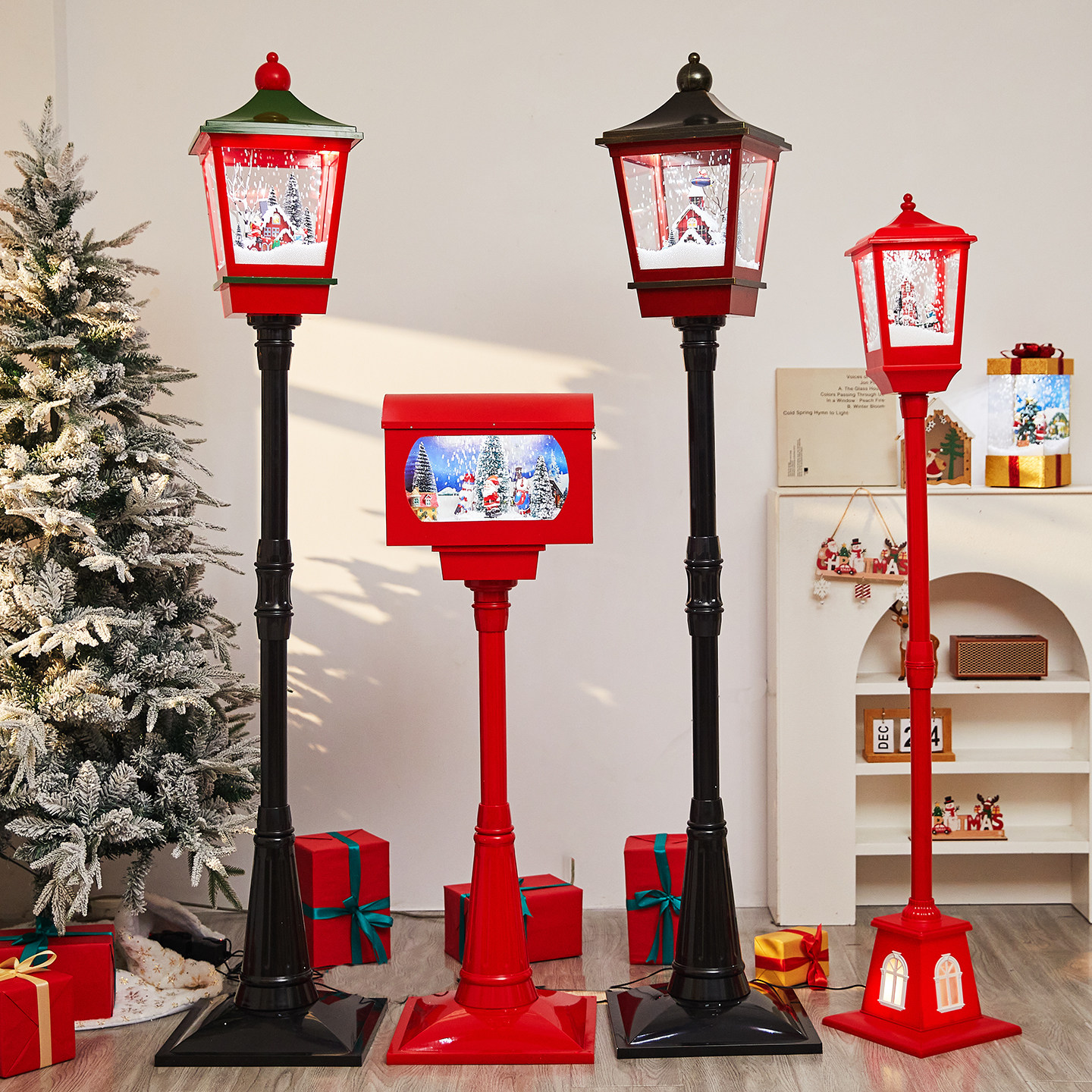 圣诞节装饰品电动音乐发光飘雪路灯商场橱窗家用客厅场景布置摆件