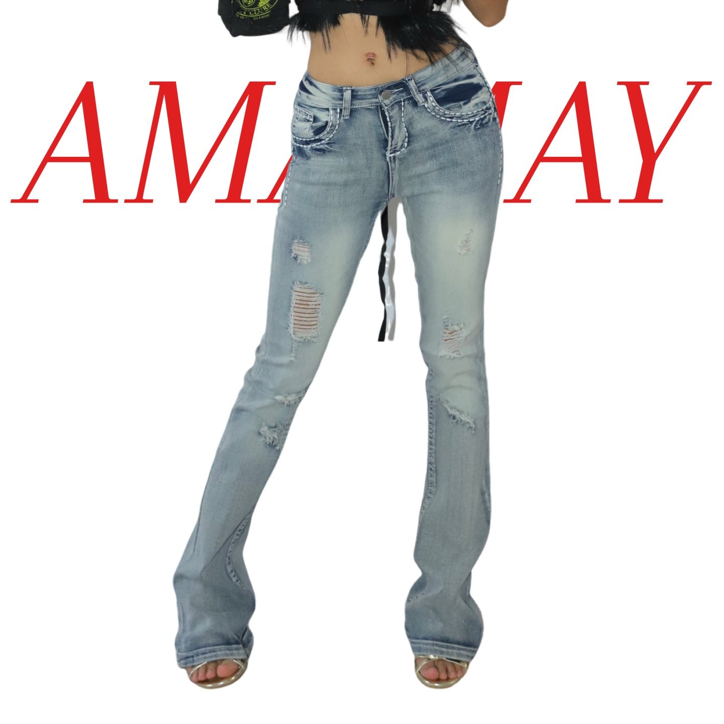 AMAMAY是辣妹 洗水牛仔中腰破洞弹力喇叭牛仔长裤