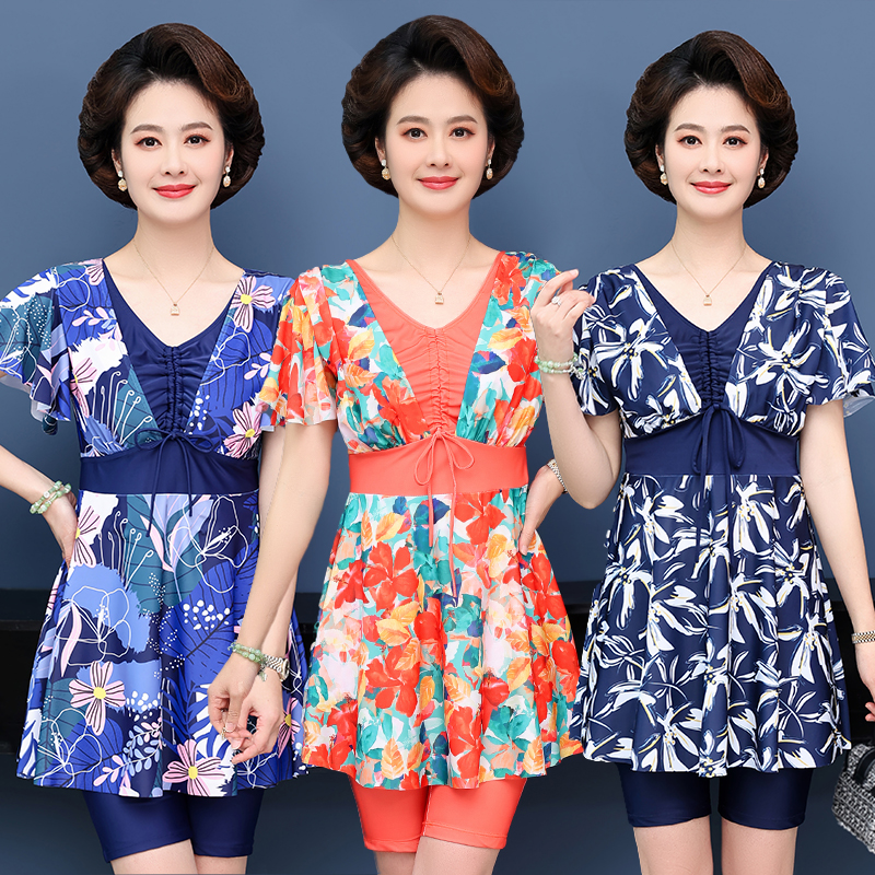 送泳帽泳衣女泡温泉加大码裙式分体平角裤保守中年妈妈胖MM泳装