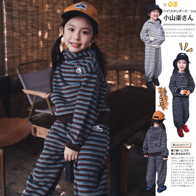红枫叶山系户外女童套装2026秋季新款儿童条纹卫衣长裤子两件套