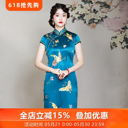 三重门复古日常长款修身旗袍中式
