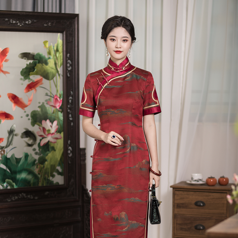 醉山海三重门真丝香云纱宋锦旗袍中式长款民国风喜婆婆婚礼高级女