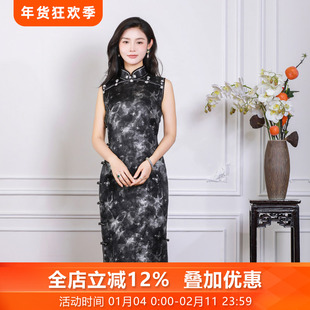 墨生花三重门30姆米重缎烫金香云纱中式修身旗袍复古民国风长款女