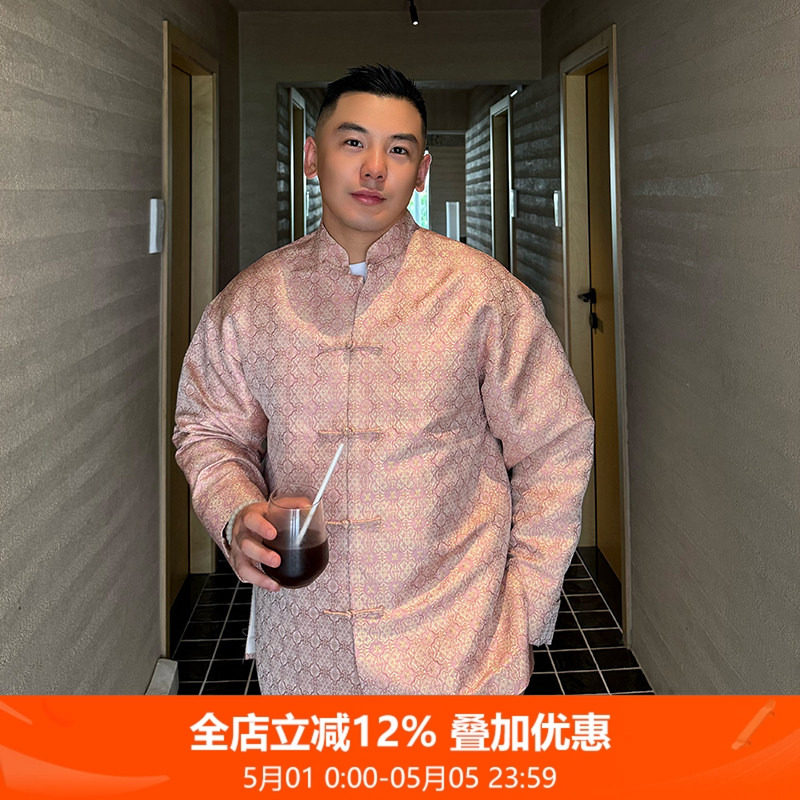 定胜粉三重门高端织金真丝宋锦休闲西装领盘扣唐装外套上衣原创男