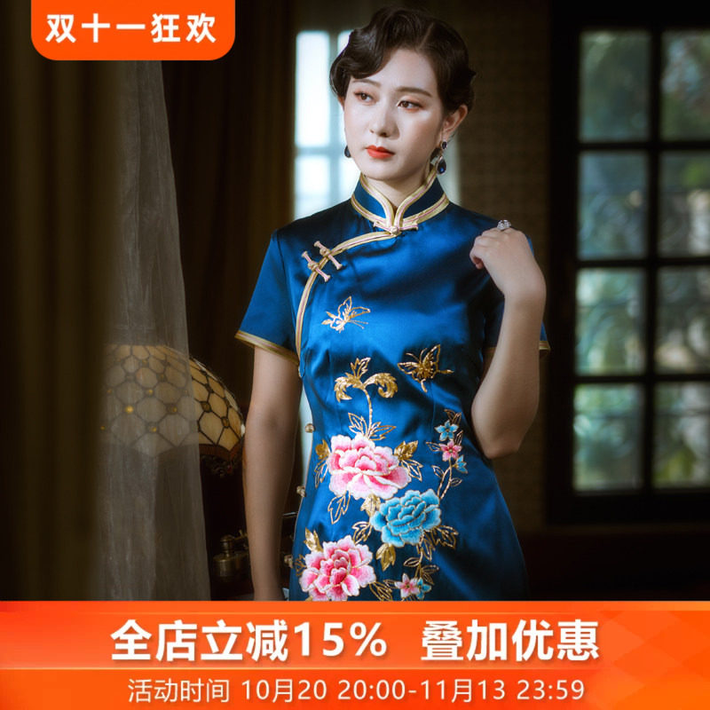 三重门{知己}30姆米手工苏绣真丝旗袍中国风长款女优雅刺绣礼服