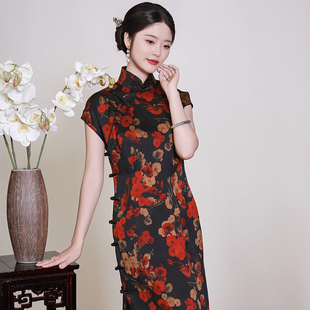 大气休闲女 日常长款 海棠花影三重门夏季 复古珍珠缎香云纱旗袍修身