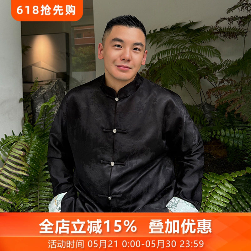 解语三重门秋冬夹克唐装真丝毛缎棉羊毛外套盘扣提花黑色经典国潮