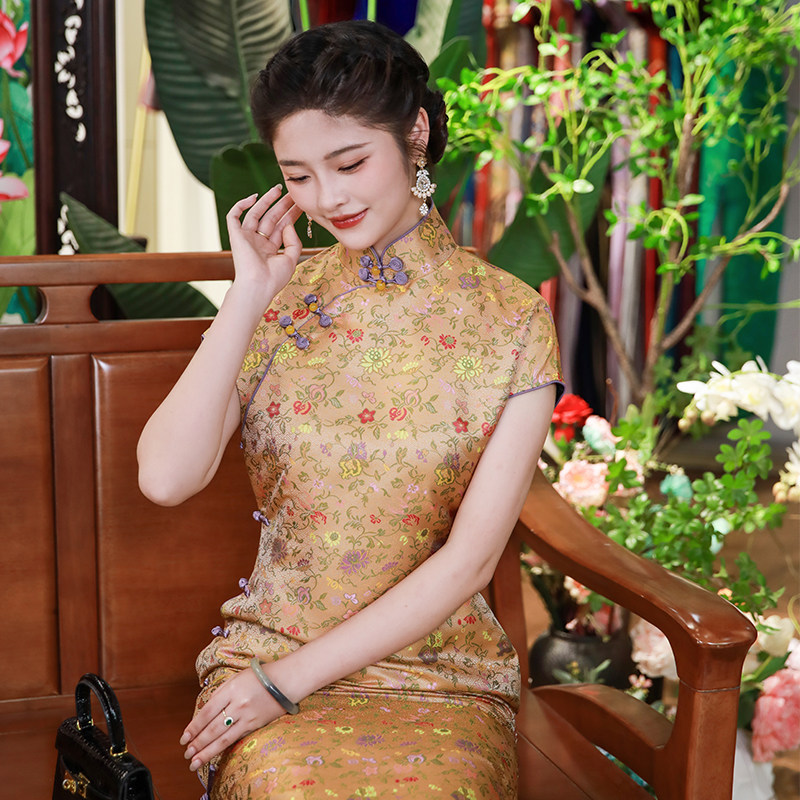 花映月三重门2026年新款夏季非遗宋锦高端长款旗袍日常民国风气质